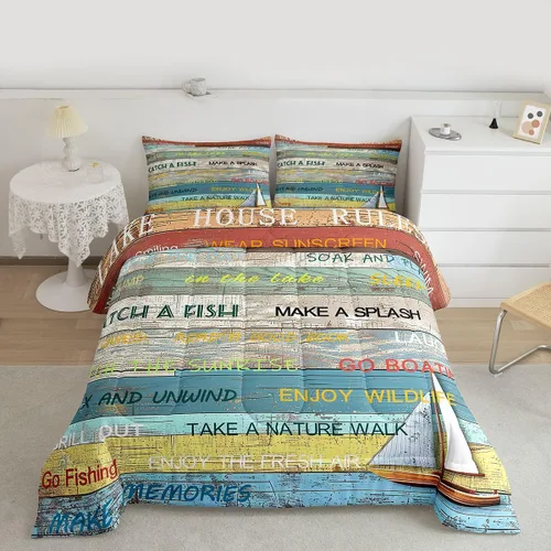 Vista 34 de Juego de edredón Lake House tamaño Twin, juego de ropa de cama náutica de navegación con ancla de 2 piezas para decoración de habitación de niños