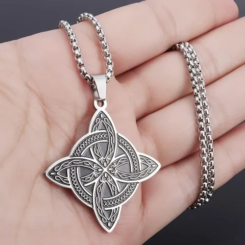 Vista 6 de Collar con colgante de nudo de bruja de acero inoxidable, diseño de color plateado, nudo celta, joyería de la suerte, regalo para amigos y familia