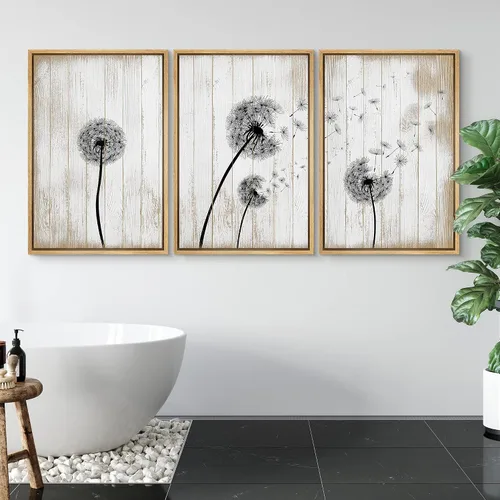Vista 179 de SIGNWIN Lienzo enmarcado para pared, juego de arte de collage de hojas transparentes en blanco y negro, ilustraciones de naturaleza silvestre, arte