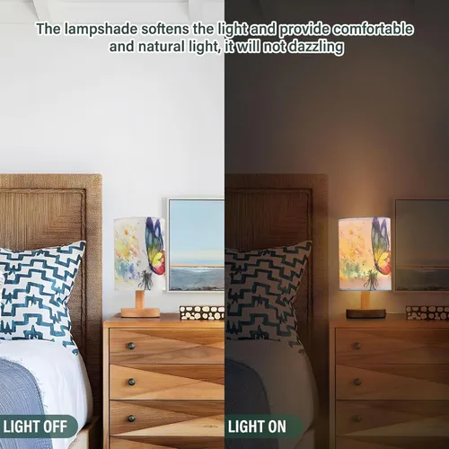 Vista 5 de Lámpara de mesa pintada Mariposa Diente de León con base de madera y pantalla de tela para mesita de noche, lámpara de escritorio para recámara