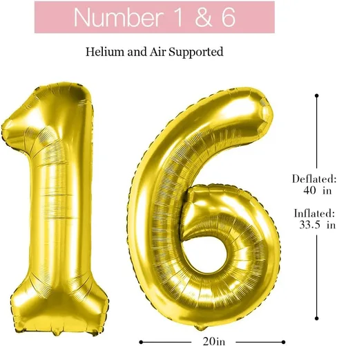 Vista 3 de Globos de 16 globos de 40 pulgadas, globos de cumpleaños de 16 años, decoraciones doradas de 16 cumpleaños para mujeres, él y ella, globos gigantes