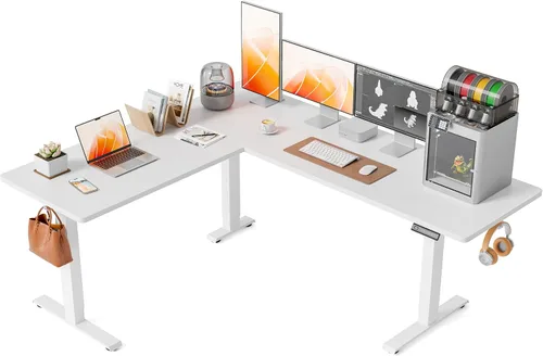 Vista 19 de FEZIBO - Escritorio de pie en forma de L de 63" x 55", altura ajustable, escritorio de computadora de esquina eléctrica de 63 pulgadas, escritorio