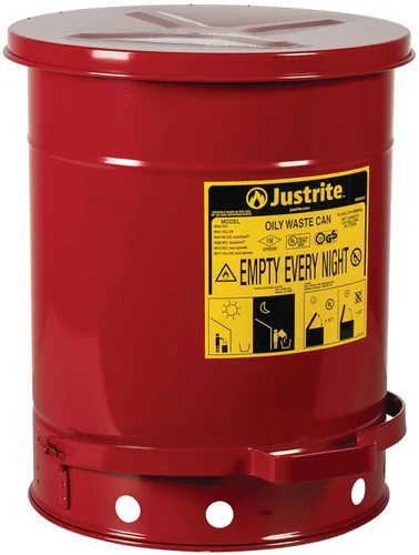 Vista 28 de Justrite Recipiente para desechos aceitosos de acero galvanizado de 10 galones, recipiente de seguridad metálico para trapos con aceite de 18 x 14