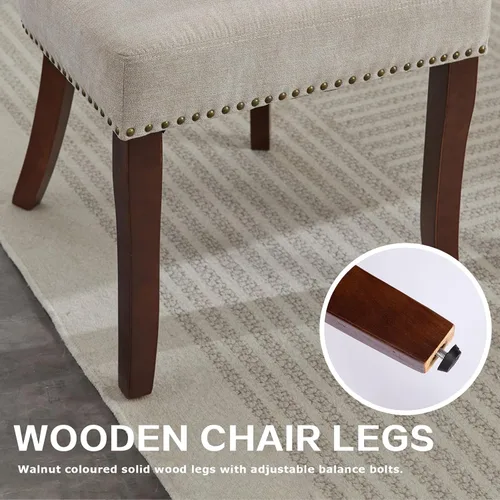 Vista 6 de SoarFlash Juego de 2 sillas de comedor modernas de madera, silla tapizada de tela de lino de granja, respaldo curvado con clavos de cobre alrededor
