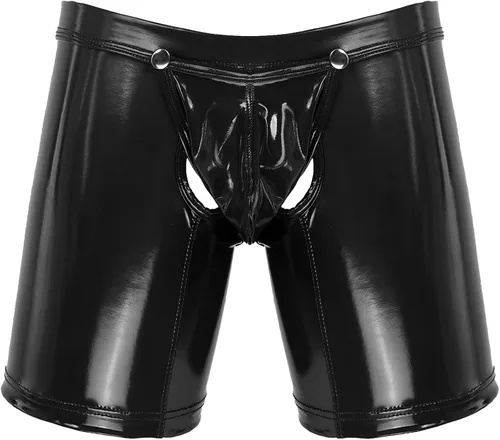 Vista 4 de Calzoncillos tipo bóxer de piel sintética para hombre, cintura baja, cierre de botón, ropa interior para discoteca