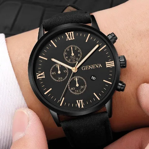 Vista 3 de Reloj de negocios casual para hombre, decorativo, tres ojos, con fecha, analógico, cuarzo, reloj de pulsera clásico de piel sintética