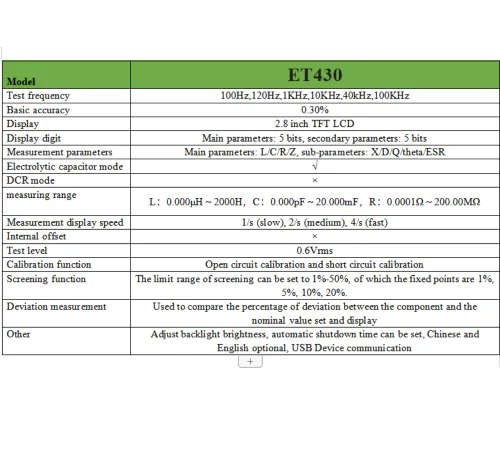 Vista 6 de ET430 LCR Medidor 100KHz Digital Inductancia Capacitancia Resistencia Probadores Multímetro Eléctrico con Puntos de Frecuencia Fijos