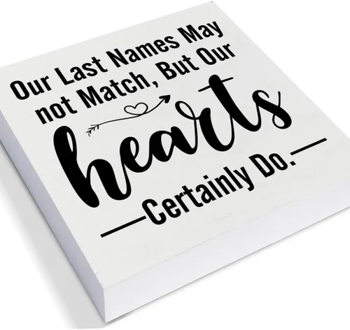 Vista 2 de Blended Family - Cartel decorativo de madera con texto en inglés "Our Last Names May Not Match But Our Hearts Certainly Do Wood Block Plate Decor