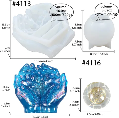 Vista 2 de FUNSHOWCASE Manos grandes ahuecadas y bolas de esfera de resina epoxi moldes de silicona, hacer cenicero, plantador, vela, bandeja de baratija
