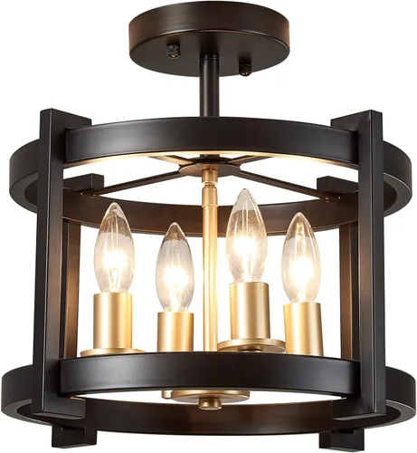 Vista 9 de MEIXISUE Lámpara de techo semiempotrada de 4 luces BK+GD Farmhouse Rustic Vintage Antique Lámpara de techo para pasillo, entrada, cenador, cocina