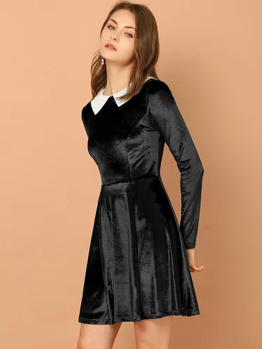 Vista 4 de Allegra K Vestido de manga larga de terciopelo vintage de Halloween para mujer con cuello Peter Pan