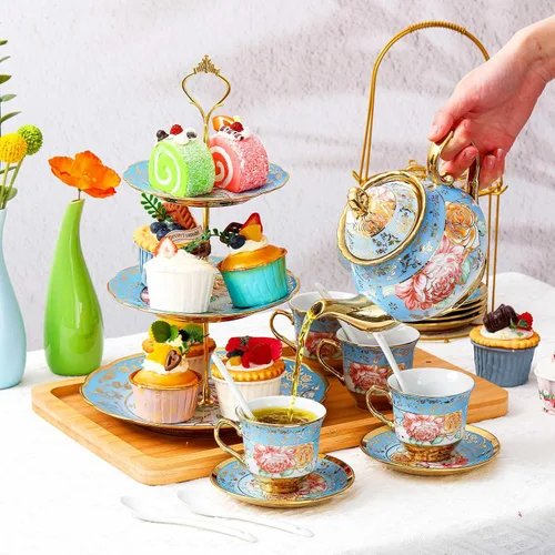 Vista 3 de Maxcheck Juego de 21 piezas para fiesta de té para adultos, juego de té floral europeo con soporte de metal y soporte de pastel de cerámica de 3