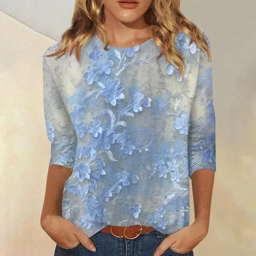 Vista 3 de Blusa para mujer, manga 34, cuello redondo, manga 34, camisas de manga 34 para mujer, lindas camisetas gráficas con estampado de flores