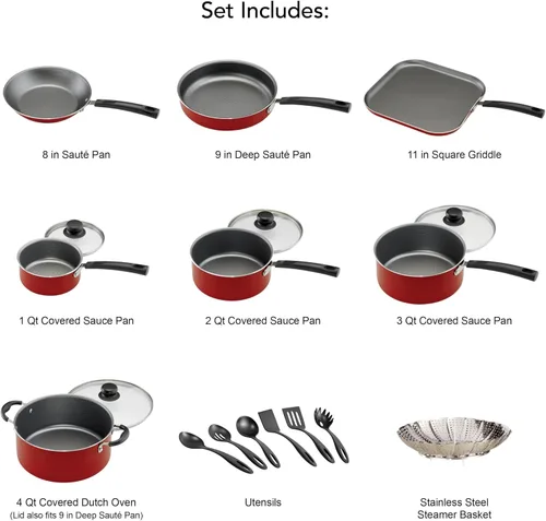 Vista 2 de Juego de cocina antiadherente de 18 piezas (gris acero) - Versátil, fácil de limpiar, compatible con múltiples tipos de estufas (rojo)