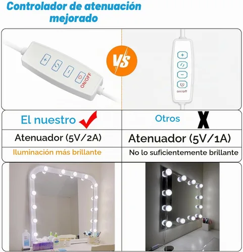 Vista 3 de Luces LED de tocador, temperatura de color ajustable y brillo, 14 bombillas regulables para iluminación de espejo de vestidor