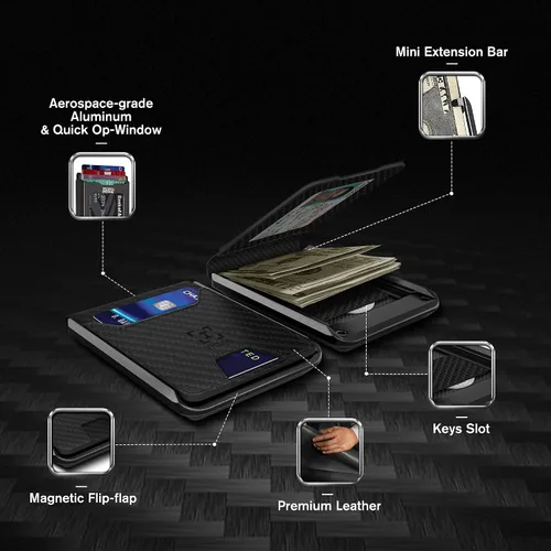Vista 2 de INCIPAL Cartera minimalista de cuero para hombre, tarjetero de cuero de metal para tarjetas de crédito con clip para dinero, Fibra de carbono