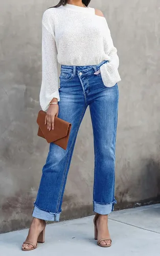 Vista 2 de PLNOTME Pantalones de mezclilla de cintura alta para mujer, pierna recta, elásticos, casuales, con puños