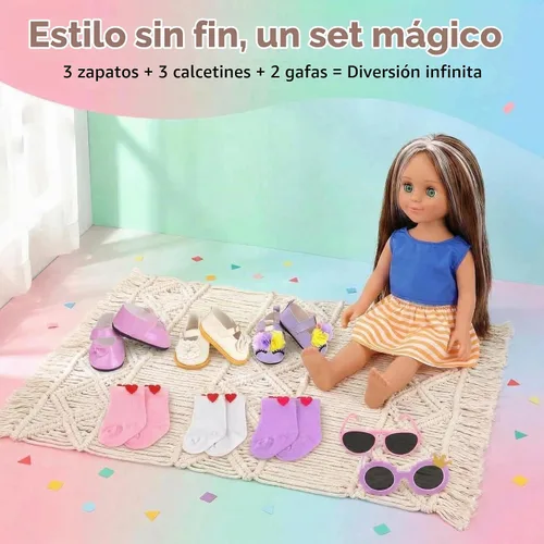 Vista 2 de MSYO - 8 accesorios de muñeca para muñecas de 18 pulgadas, 3 pares de zapatos, 3 pares de calcetines y 2 pares de gafas, juego de vestir pastel