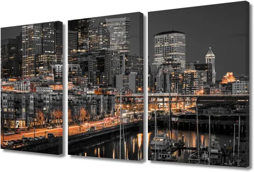 Vista 71 de TUMOVO 3 paneles de paisaje urbano en blanco y negro de Estados Unidos, arte de pared, famoso puente Golden Gate, San Francisco por la noche
