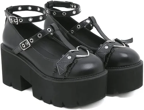 Vista 2 de Women's Black High Heel Mary Jane Platform Shoes, Gothic Kawaii Round Toe Chunky Heels Lolita Shoes, Cute Buckle Cosplay Goth Pumps