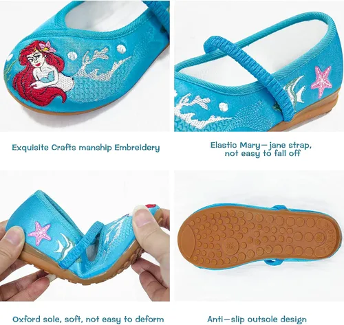 Vista 4 de Ariel - Zapatos de disfraz de sirena para niños pequeños, hermosos zapatos de ballet Mary-Jane, cómodos zapatos de tacón bajo con punta redonda