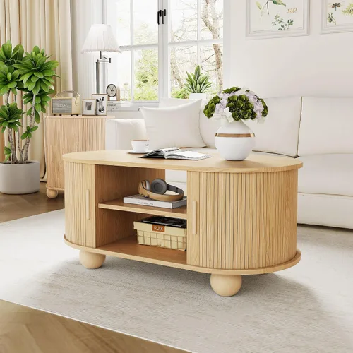 Vista 4 de Mesa auxiliar rectangular, mesas de centro acanaladas para sala de estar, mesa de centro de mediados de siglo con almacenamiento y puertas Natural