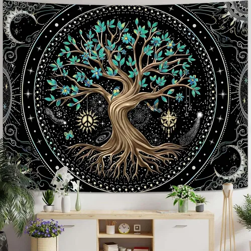 Vista 9 de Lunerfex Tapiz de árbol de la vida, tapiz de pared de fase lunar, tapices verdes para dormitorio, techo, tapices para colgar en la pared