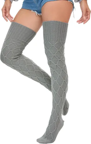 Vista 4 de YELAIVP Calcetines altos de punto trenzado para mujer, calcetines por encima de la rodilla, calentadores de piernas extra largos