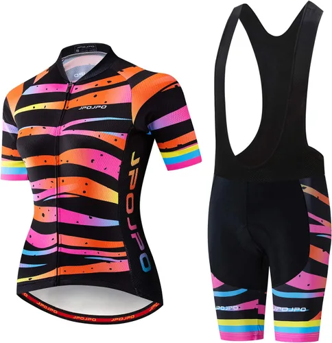 Vista 157 de Camiseta de ciclismo para mujer, manga corta y pantalones cortos de ciclismo acolchados para verano