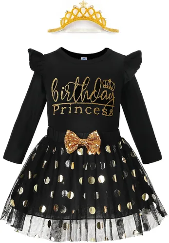 Vista 15 de LYSMuch Conjunto de ropa de cumpleaños para niñas, princesa, camisa de manga larga con malla y falda de burbuja con tutú