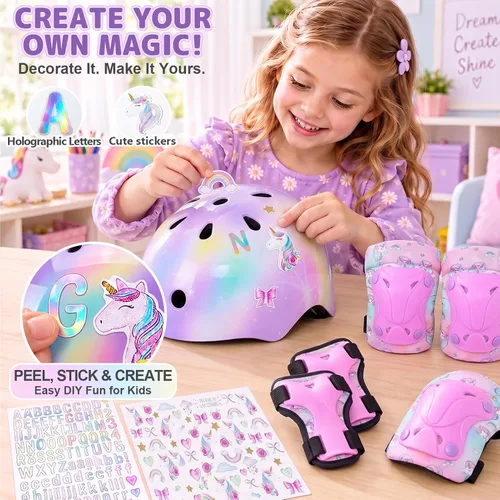 Vista 3 de Casco para niños, casco de bicicleta para niños pequeños con pegatinas DIY Unicornio, rodilleras y coderas ajustables, juego de protección para Rosa