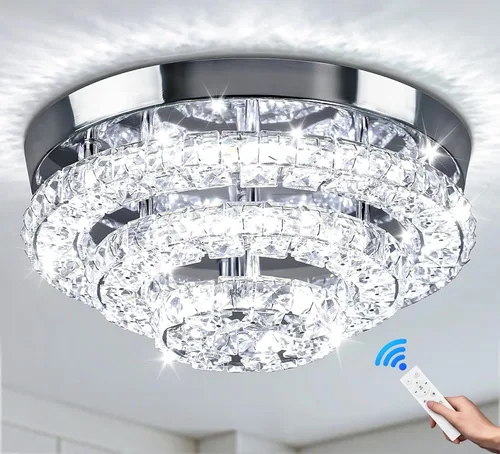 Vista 11 de Lámpara de Araña de Cristal Regulable de 11.8", Luz de Techo de Cristal, Lámparas de Araña Modernas de Montaje al Ras, Lámpara de Techo