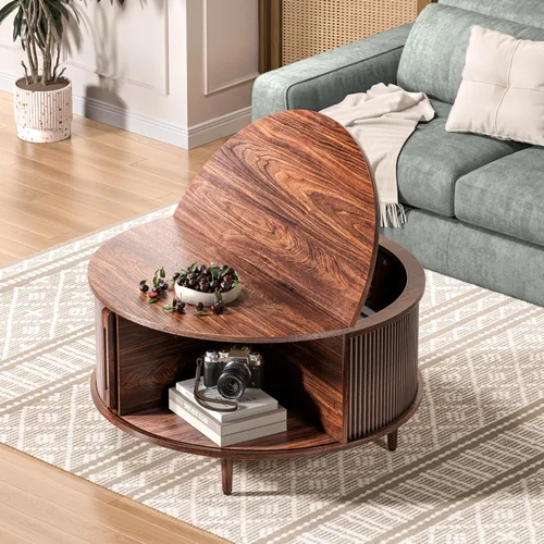Vista 3 de Mesa auxiliar redonda, mesa central acanalada de 31.5 pulgadas con almacenamiento, mesa de centro elevable con almohadillas ajustables, puerta