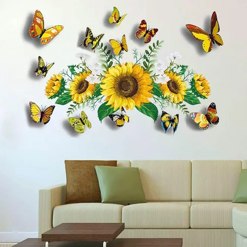 Vista 5 de Calcomanías de pared de girasol con mariposa 3D, calcomanías de pared de flores amarillas, SPRT impermeable y extraíble, calcomanías de pared