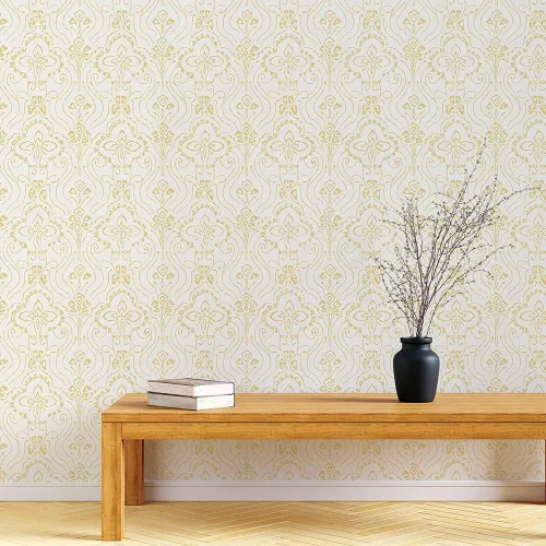 Vista 3 de Tempaper Yellow Pacific Wave Damask - Papel tapiz removible para despegar y pegar, 20.5 pulgadas x 16.5 pies, fabricado en los Estados Unidos