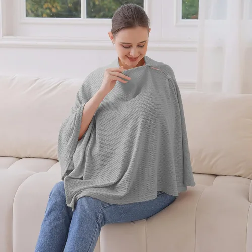Vista 5 de Funda de lactancia de punto para lactancia materna, transpirable y suave, cuello ancho con elástico para una fácil visión (gris)