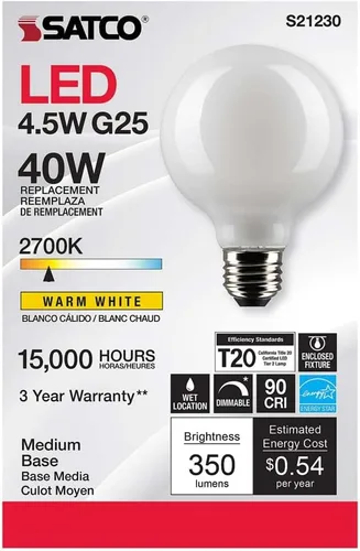 Vista 4 de Satco S21230 4.5G25/LED/WH/927/120V - Paquete de 6 Warm White, 120V