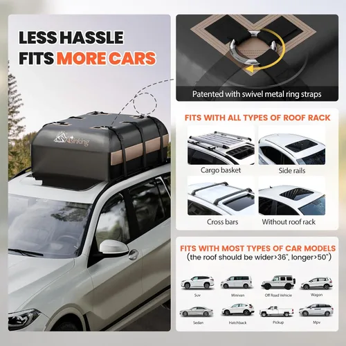 Vista 6 de Bolsa de carga para techo de automóvil, bolsa de carga impermeable de 15 pies cúbicos para sedán, SUV, minivan, apto para vehículos con/sin