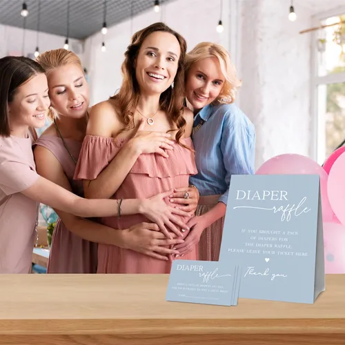 Vista 5 de Juegos de baby shower, 1 letrero de pie para rifas de pañales con 50 boletos para rifas de pañales, decoraciones y suministros para fiesta de baby