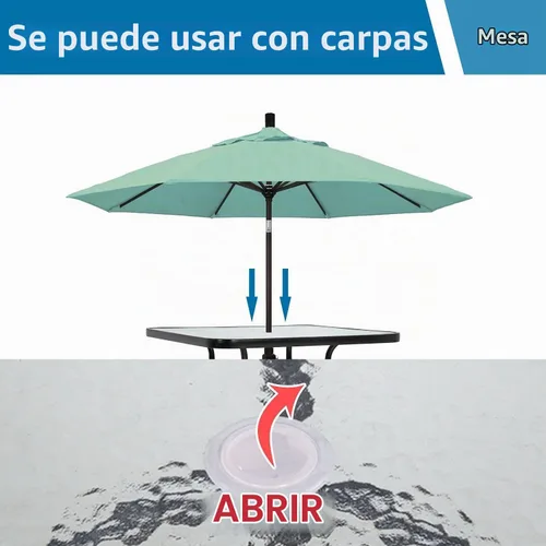 Vista 4 de Mesa de patio al aire libre con agujero para paraguas, mesa cuadrada de vidrio templado de 32 pulgadas, mesa de centro de conversación, marco