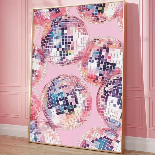 Vista 10 de Arte de pared de bola de discoteca colorida, pintura de flores de discoteca, póster retro de discoteca, imágenes florales coloridas, arte de pared