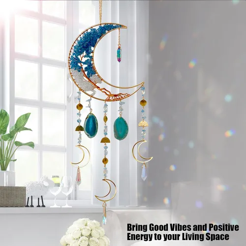 Vista 4 de Campanillas de viento de luna con árbol de cristal hecho a mano para decoración de pared del hogar, decoración de pared de dormitorio, decoración
