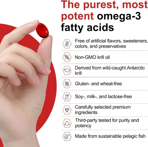 Vista 6 de Aceite de krill antártico 500 mg con omega-3, EPA, DHA y astaxantina y fosfolípidos, sin sabor a pescado, suplemento dietético para articulaciones
