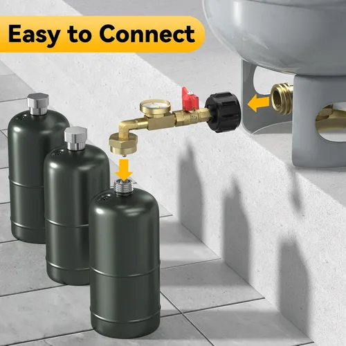 Vista 5 de Adaptador de relleno de propano mejorado para tanques de 1 libra, con válvula y manómetro, llena botellas de 1 libra desde tanque de 20 libras