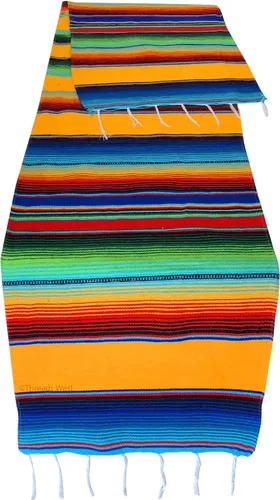 Vista 8 de Camino de mesa colorido a rayas fabricado en México 83x14 pulgadas. Azul