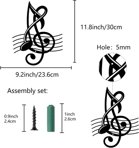 Vista 2 de CREATCABIN Notas musicales de metal para decoración de pared, letreros de pared negros para colgar en hierro, escultura de adorno de metal