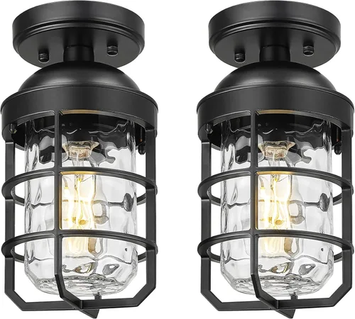 Vista 11 de Emliviar Lámpara de techo estilo granja, luz semiempotrada vintage para interior, luz de seguridad con vidrio templado transparente, acabado