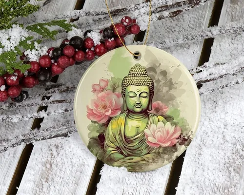 Vista 2 de Adorno navideño de árbol de Navidad de serenidad con flores de loto rosa de Buda – Adorno de Navidad – Decoración de Navidad – Adorno 2023 para él