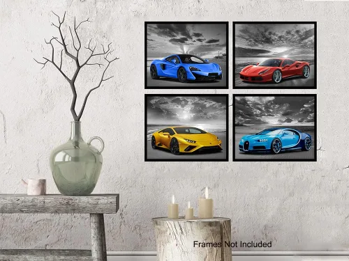 Vista 8 de Lamborghini McLaren Ferrari Bugatti - Arte de pared - Decoración de habitación de niños - Decoración de coche de carreras - Juego de carteles