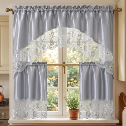 Vista 20 de YHSF Set de cortinas de cocina de 3 piezas con cenefa - Juego de cortinas de ventana de 2 niveles y cenefa con diseño de bolsillo para barra